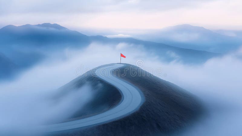 Winding road climbs mountain summit. Red flag atop peak. Misty mountain landscape. Path to success. Nature inspiration. Mountain vector illustration