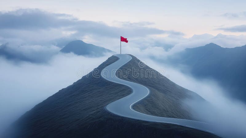 Winding road climbs mountain to peak with red flag. Foggy mountain landscape. Scenic route. Achieving goals. Success symbol. royalty free illustration