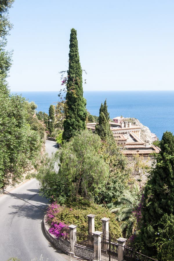 Winding road to the old town of Taormina in Sicily, Italy royalty free stock photos Winding road to the old town of Taormina in Sicily, Italy royalty free stock photos
