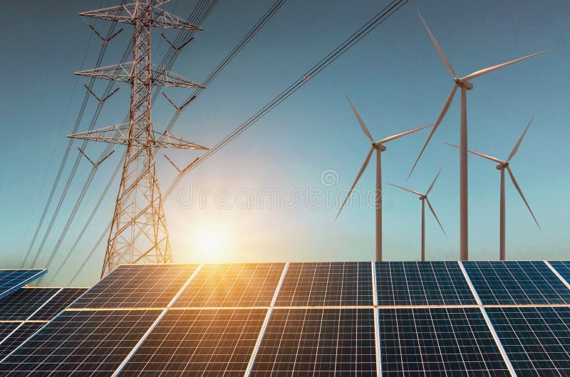 Windkraftanlage mit Sonnenkollektoren und Stromhochspannung Co lizenzfreie stockbilder Windkraftanlage mit Sonnenkollektoren und Stromhochspannung Co lizenzfreie stockbilder