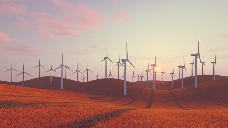 Windkraftanlagen auf roten Hügeln bei Sonnenuntergang vektor abbildung Windkraftanlagen auf roten Hügeln bei Sonnenuntergang vektor abbildung