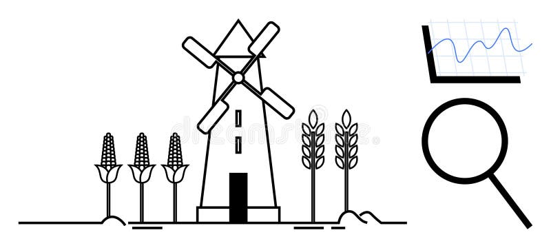 Windmill surrounded by corn and wheat, magnifying glass, and data chart. Ideal for sustainability, agriculture, eco-innovation, renewable energy, growth analysis agronomy clean farming. Simple flat. Chart clean energy stock images, royalty-free photos and pictures
