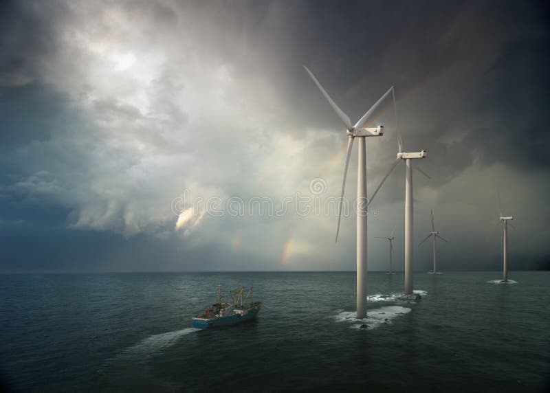 Windmill in ocean at storm
