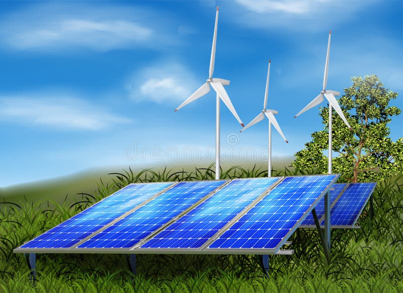 Windmills for energy, solar panels. Vector illustration. Windmills for energy, solar panels. Vector illustration