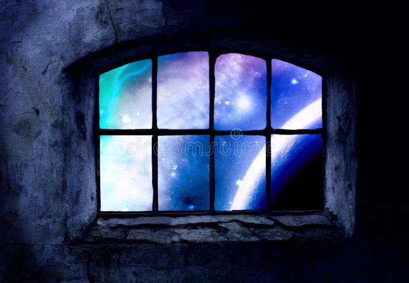 A window set into a grungey wall, looking out to the galaxy full of stars. A window set into a grungey wall, looking out to the galaxy full of stars.