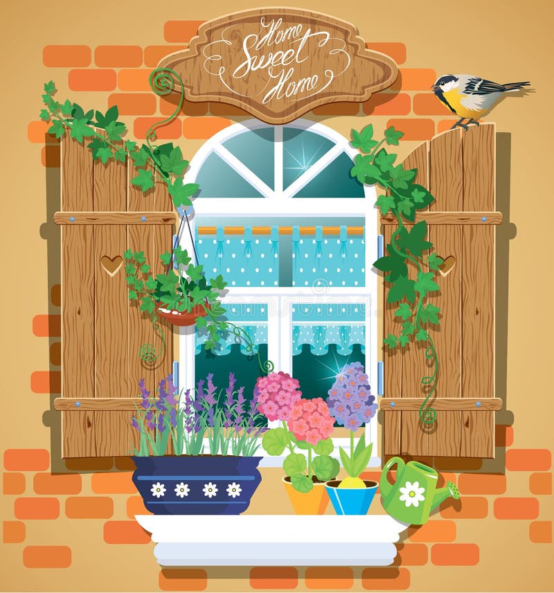 Free Window And Flowers In Pots, Tomtit Bird Royalty Free Stock Photos - 45793418