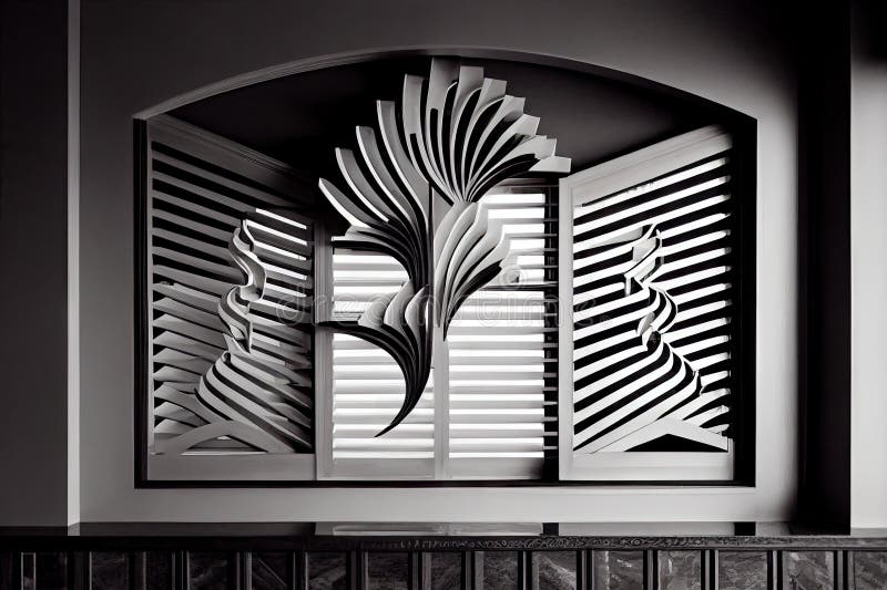 A window with beautiful, custom louvers that complement the room's other design elements stock illustration