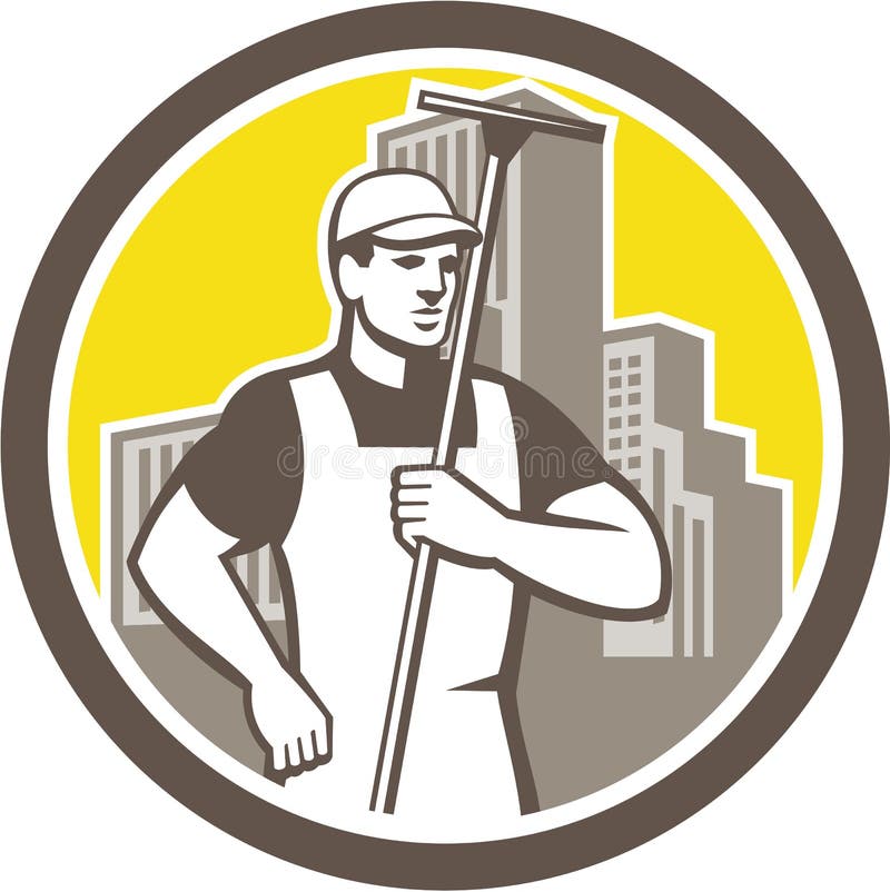 Window Cleaner Worker Holding Squeegee Circle vector illustration