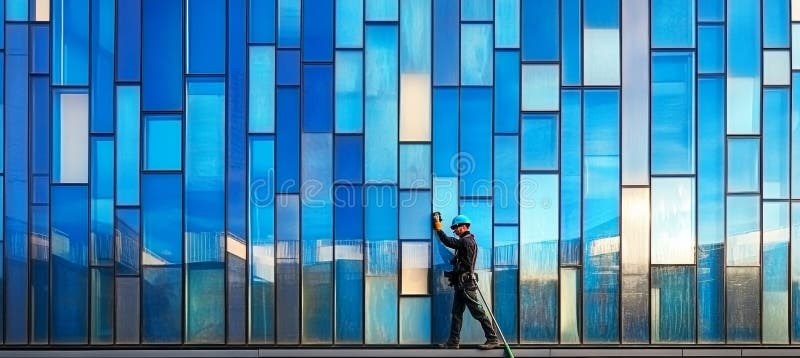 Window Cleaner Working, Cleaning Blue Glass Facade Of Modern Office Building With Squeegee. royalty free illustration