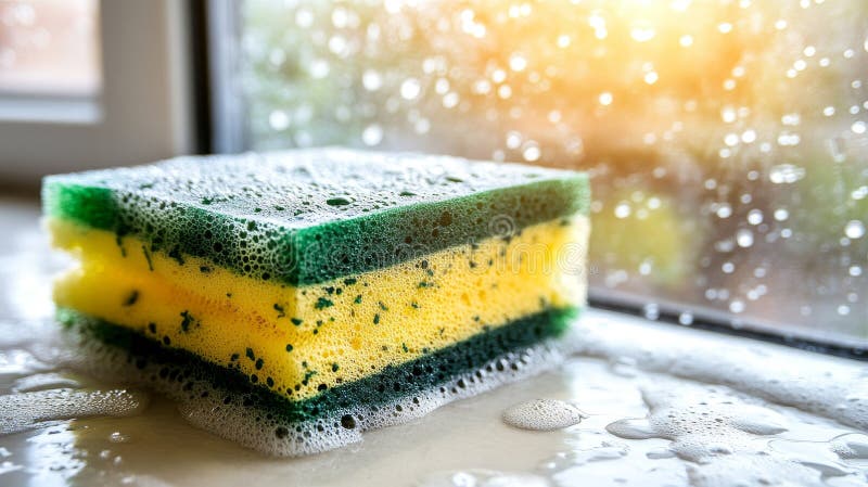 Window Cleaning with Sponge Close-Up of Soapy Sponge on Wet Windowsill, Sunlit Outdoor View vector illustration