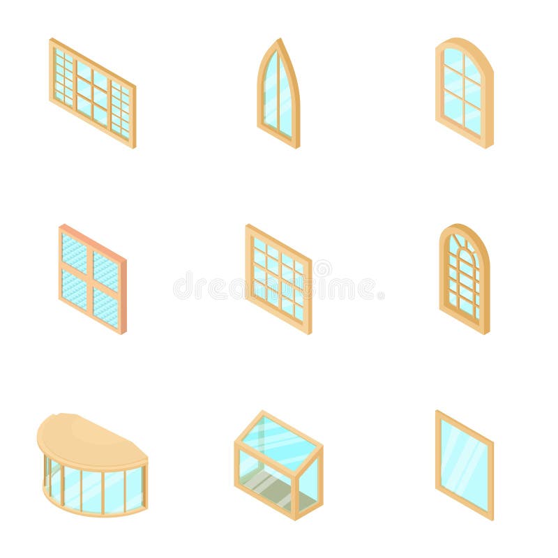 Window display icons set, isometric style. Window display icons set. Isometric set of 9 window display vector icons for web isolated on white background