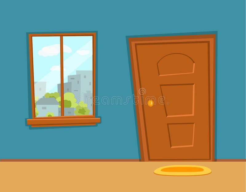 Window and door cartoon colorful vector illustration with urban city architecture buildings landscape