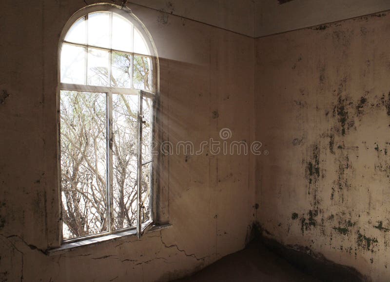 Window without Glass and Dirty Walls in an Abandoned House Stock Image