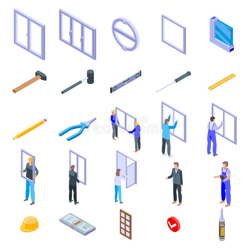 Window installation icons set, isometric style stock illustration
