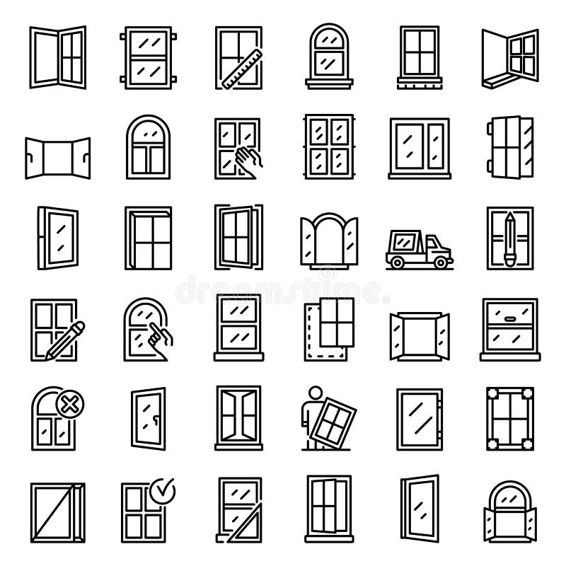 Window installation icons set, outline style vector illustration
