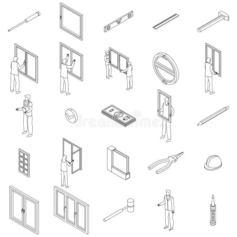 Window installation icons set vector outline royalty free illustration
