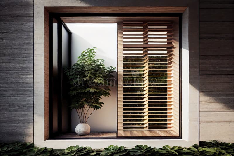 Window with Louver Panels, Offering a Glimpse of the Outdoors Stock