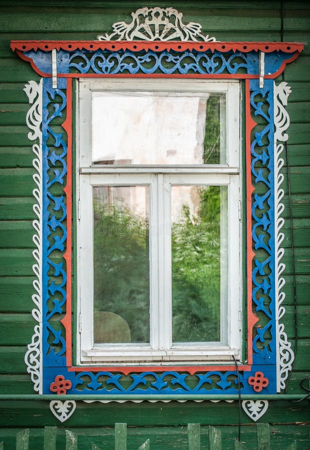 Window of old traditional russian wooden house.