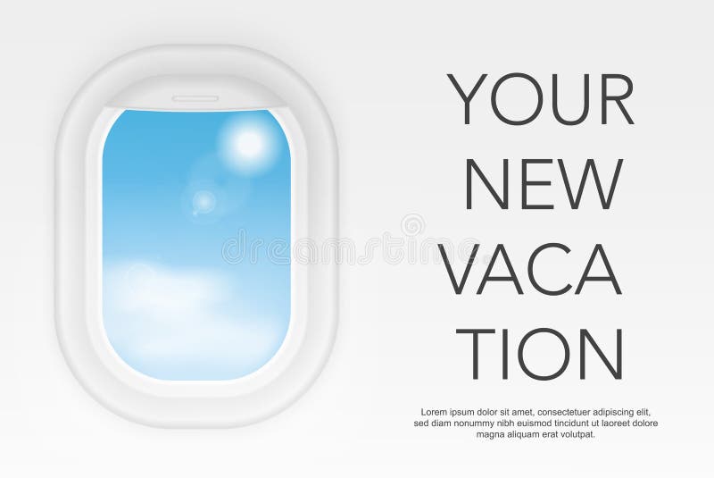 Window view from airplane. Flight realistic window. Travel trip vector illustration concept. stock illustration