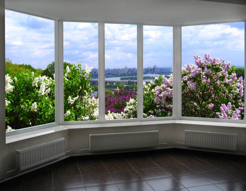 Window with a view of Kyiv in spring