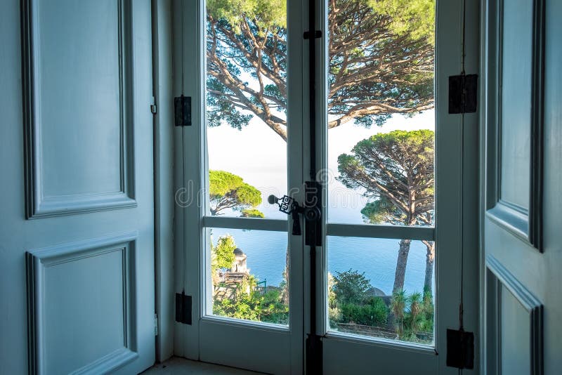 Window view from luxury villa Rufolo on garden at Amalfi Coast and Mediterranean sea, Ravello, Italy. Window view from luxury villa Rufolo on garden at Amalfi Coast and Mediterranean sea, Ravello, Italy