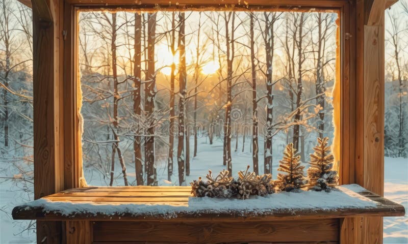 Window with view snowy forest stock illustration