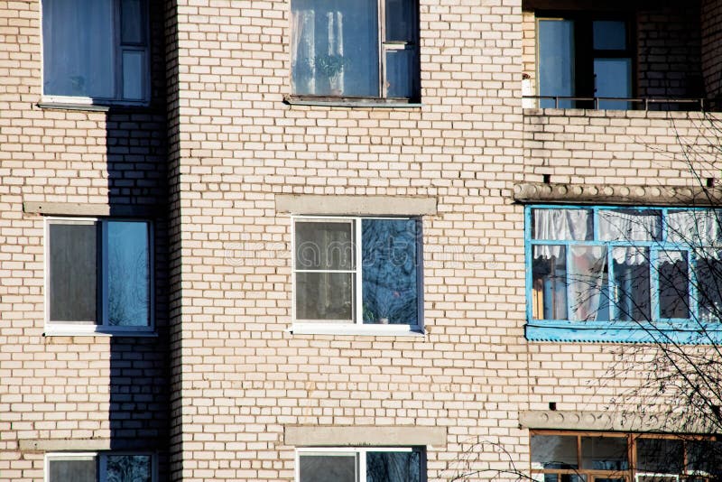 Windows of Apartments on Brick Wall of House Stock Image Image of