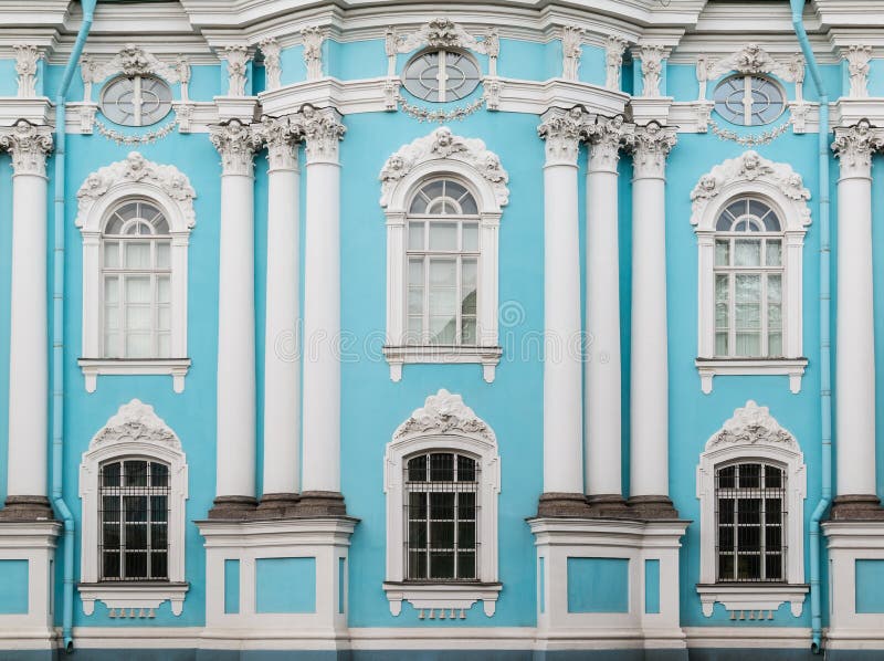 Windows and columns on facade of St. Nicholas Naval Cathedral royalty free stock photography