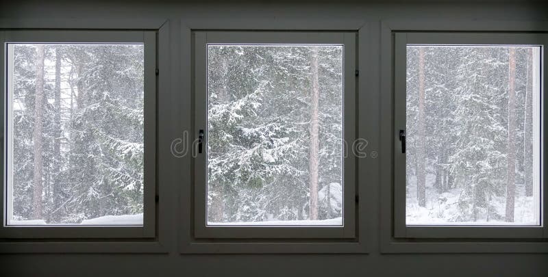 Windows com uma tempestade da neve fora