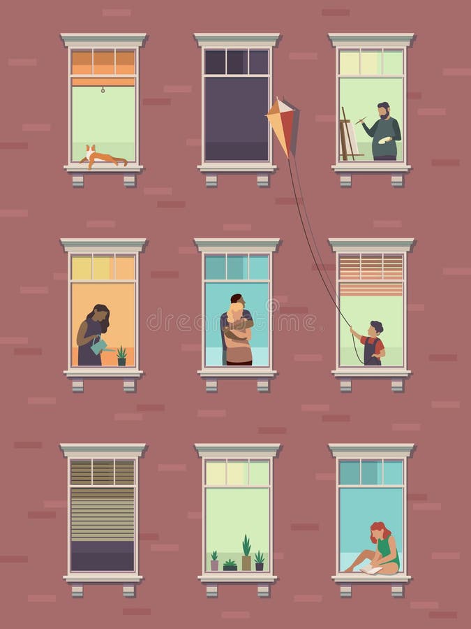 Windows con la gente Gente de los vecinos de la ventana abierta comunicar el exterior de la construcción de viviendas que ejercit