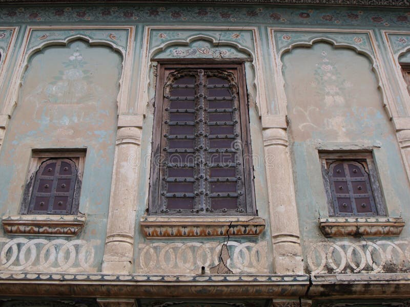 Windows on the Facade of a House in Mandawa, Rajasthan, India Stock