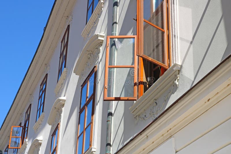 Windows in old building, Bratislava, Slovakia, Europe