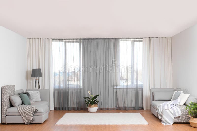 Windows with Stylish Curtains in Living Room Stock Photo Image of