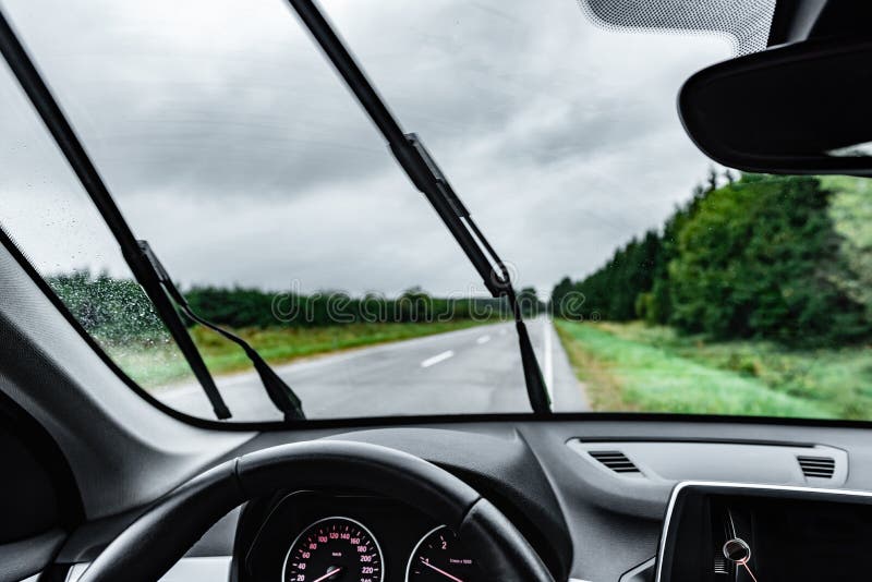 Windshield Wipers from Inside of Car, Rainy Day. Stock Photo Image of