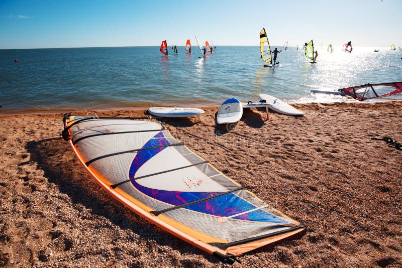 Windsurf Boards on the Sand at the Beach. Windsurfing and Active