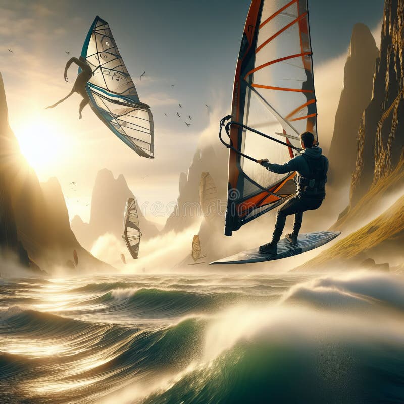 Windsurfing A scene where windsurfers harness the power of the wind to perform aerial tricks and stunts above the waves, photorealistic, cinematic st. Windsurfing A scene where windsurfers harness the power of the wind to perform aerial tricks and stunts above the waves, photorealistic, cinematic st