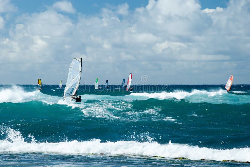 Windsurfers in windy weather on Maui Island