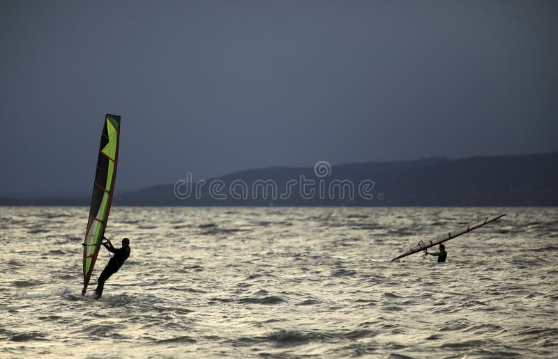 Windsurfing at Overcasted Sky Lake Balaton Stock Image Image of