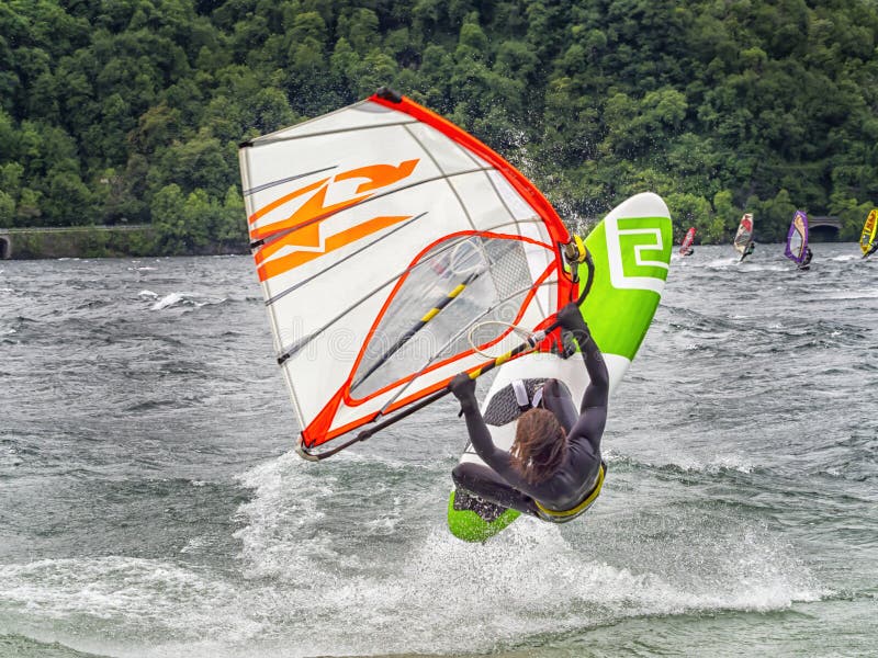 Windsurfing Scene on Lake Como Editorial Image Image of action