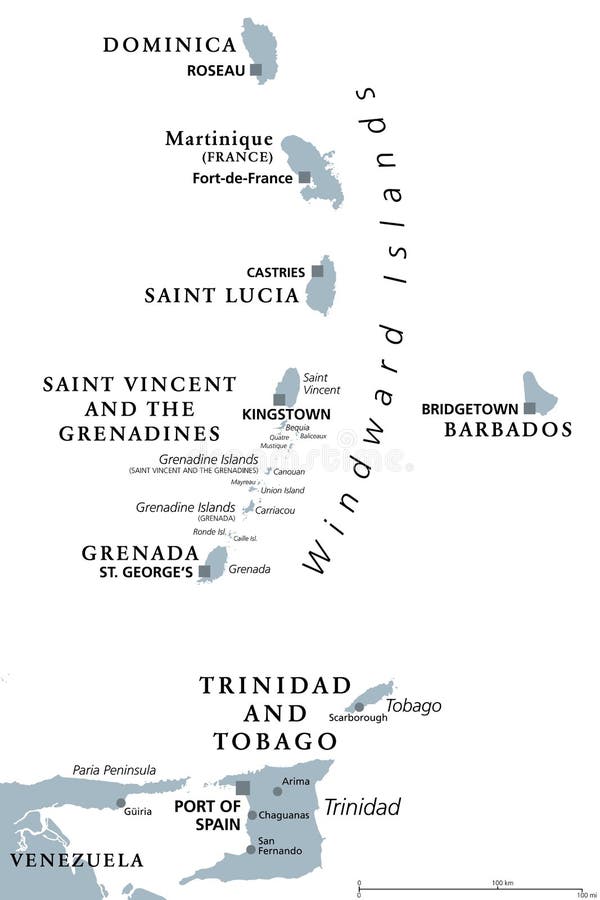 Windward Islands, gray political map, islands in the Caribbean Sea