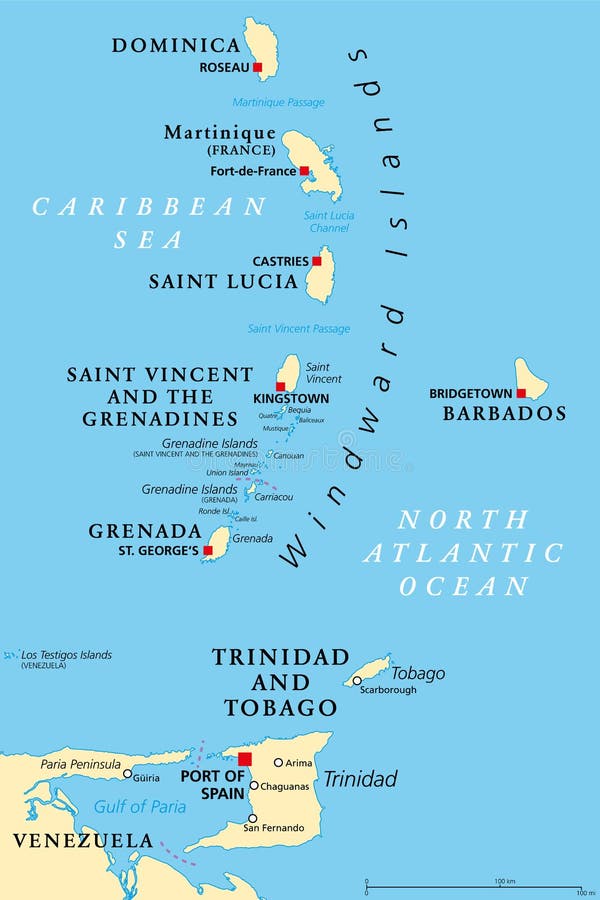 Windward Islands, political map, islands of Lesser Antilles in the Caribbean