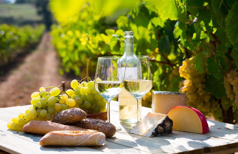 Wine, baguette, cheese against vineyard landscape