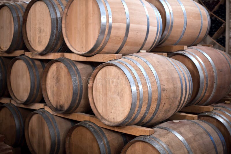 Wine barrels stacked in the old cellar of the winery