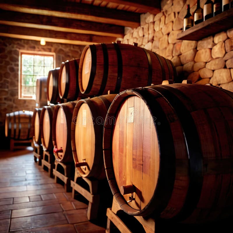 Wine Barrels Stored in Winery Warehouse As Part of Brewing Process
