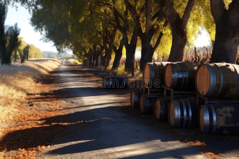 Wine Barrels Under Sunlight, Casting Shadows on Ground Stock Photo