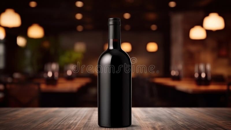 Wine bottle with blank front, realistic on a mockup template in a wooden table in restaurant stock photography