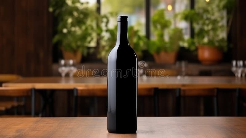 Wine bottle with blank front, realistic on a mockup template in a wooden table in restaurant stock photography