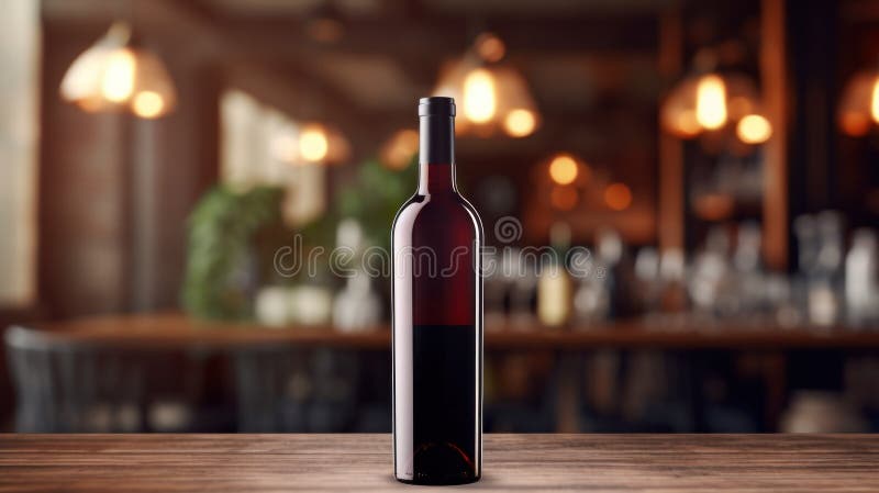 Wine bottle with blank front, realistic on a mockup template in a wooden table in restaurant royalty free stock image