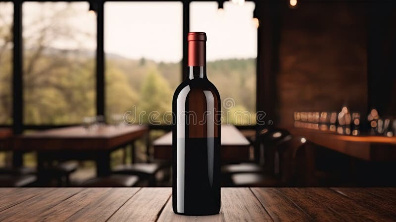Wine bottle with blank front, realistic on a mockup template in a wooden table in restaurant royalty free stock photography