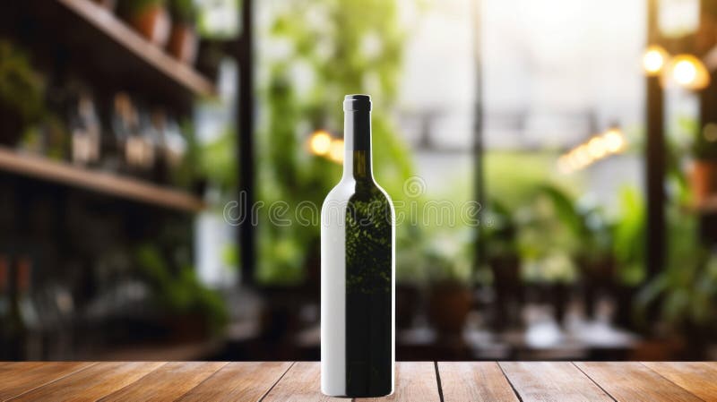 Wine bottle with blank front, realistic on a mockup template in a wooden table in restaurant stock images
